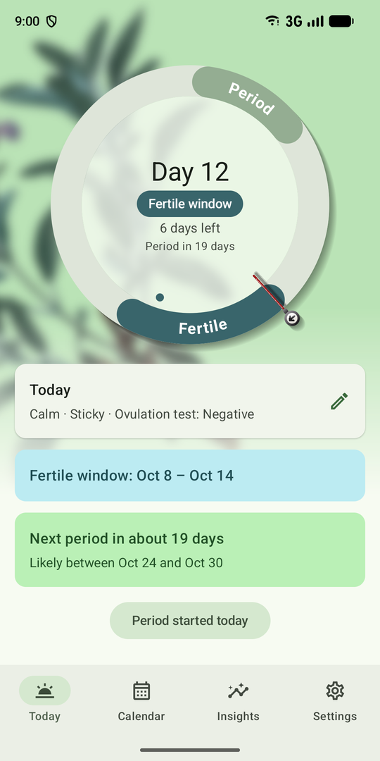 The Cyclia home screen with the cycle ring on cycle day 12 and the prediction of the next period