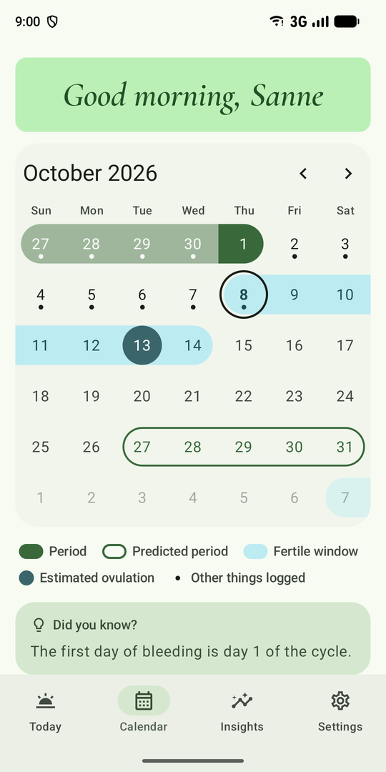 The Cyclia calendar for October with the fertile window and the predicted period