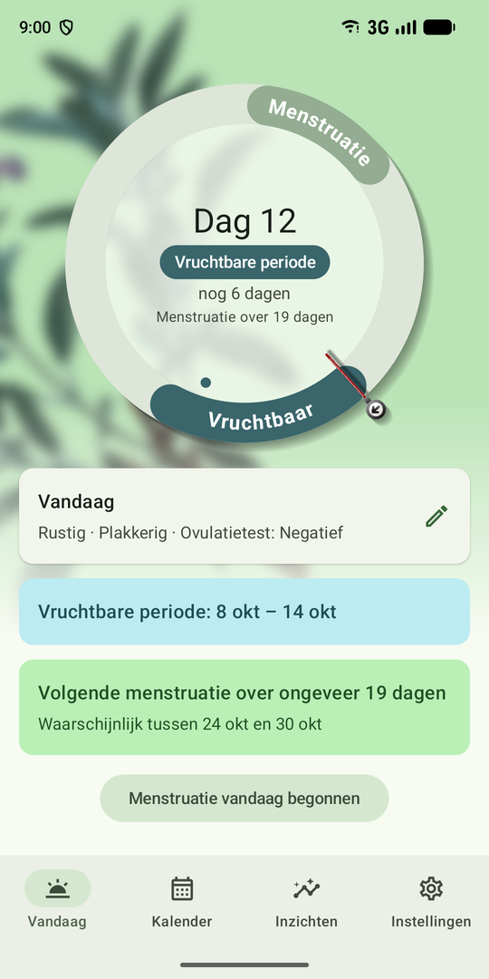Het startscherm van Cyclia met de cyclusring op cyclusdag 12 en de voorspelling van de volgende menstruatie