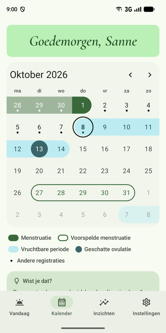 De kalender van Cyclia voor oktober met de vruchtbare periode en de voorspelde menstruatie